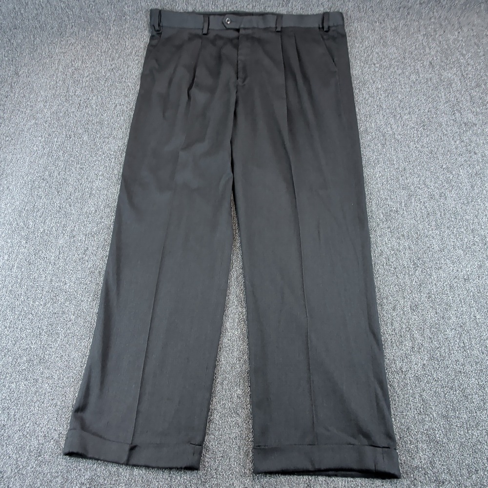 GS Mens Dress Pants 46 Black Polyester Rayon Pleated Cuffed Classic Fit Trousers